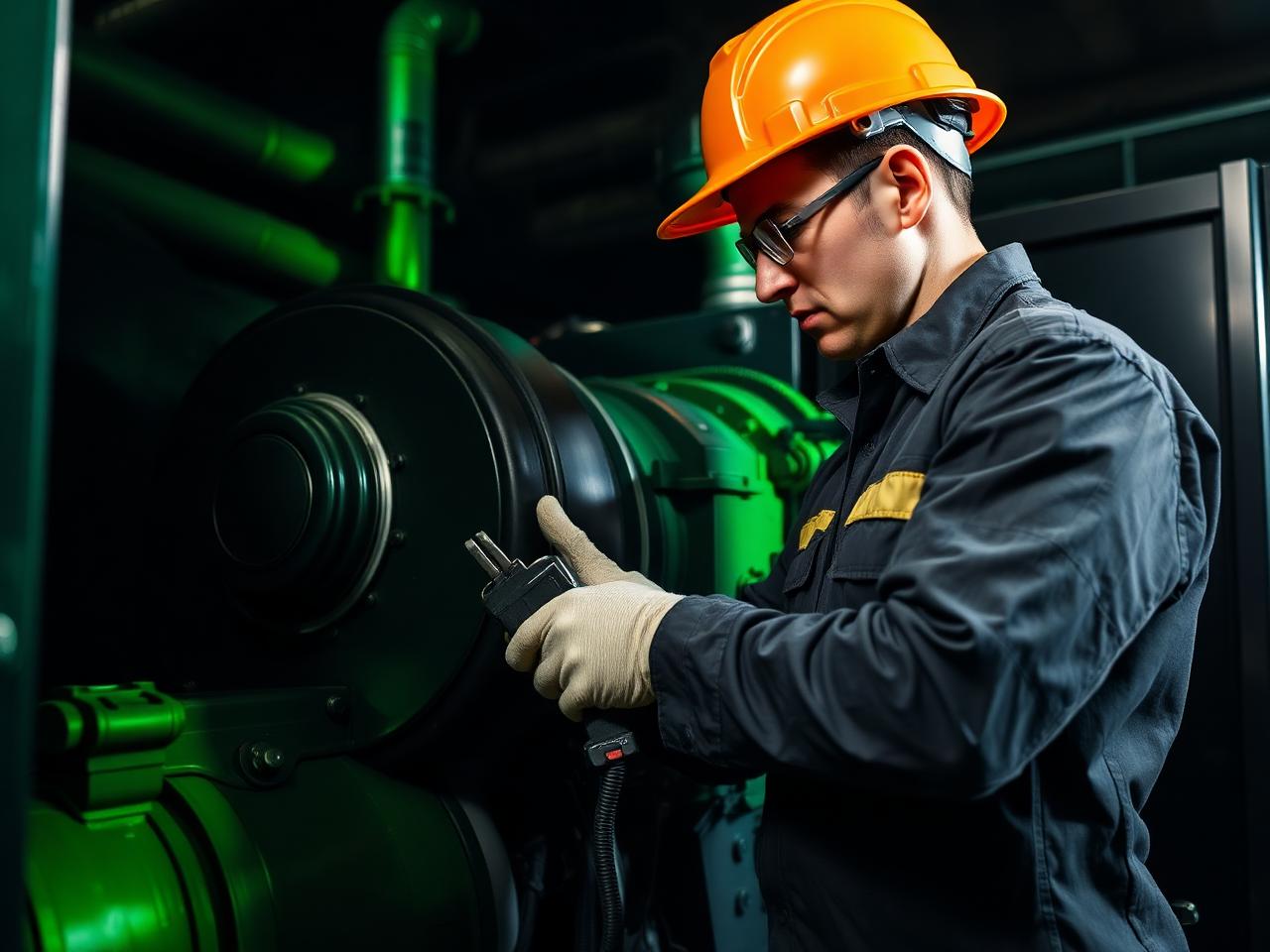 Técnico realizando manutenção em gerador industrial